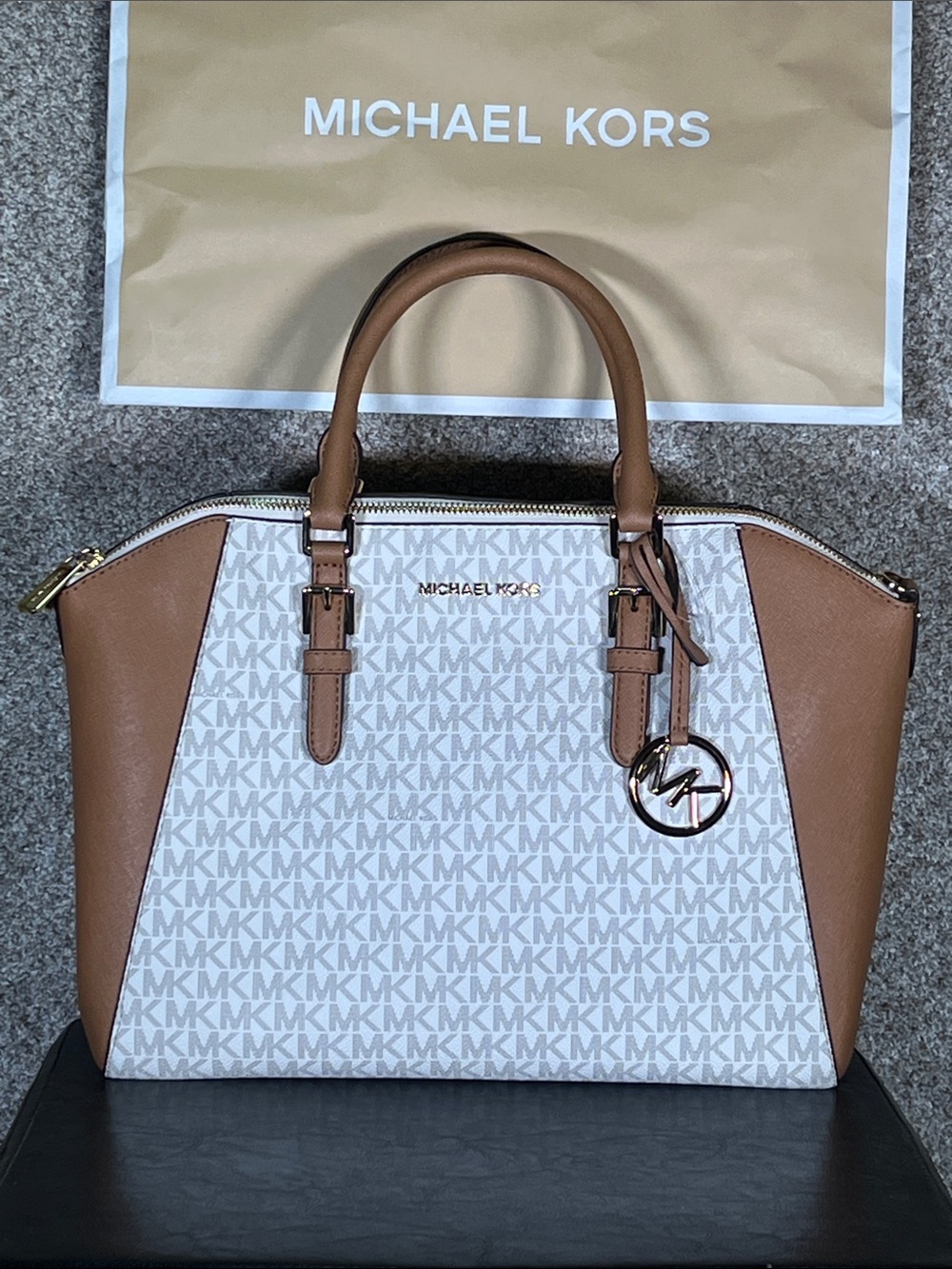 Michael Kors Brown and White MK Logo Tote Satchel